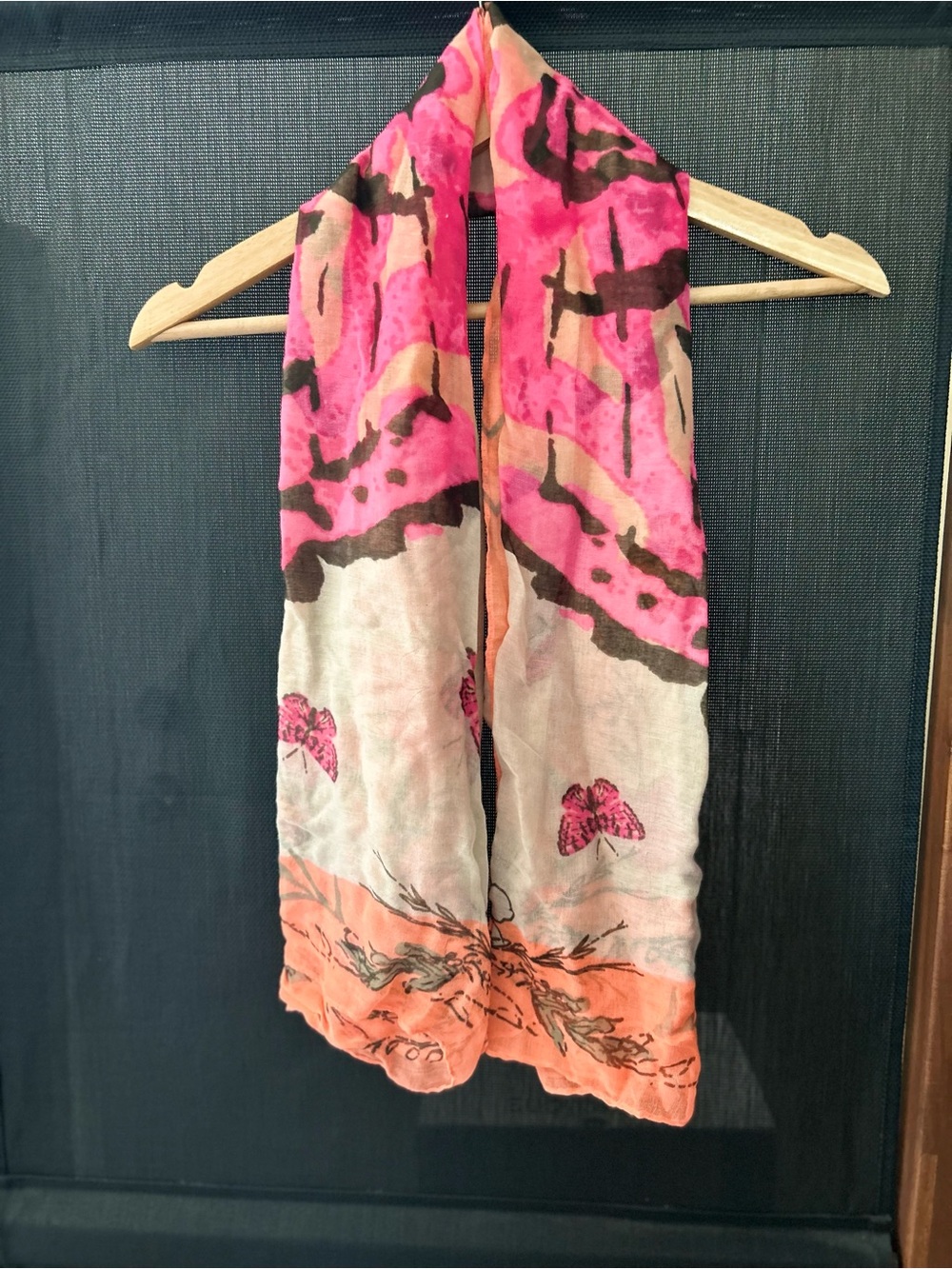 Old Navy Pink Coral and Brown Butterfly Print Lightweight Scarf